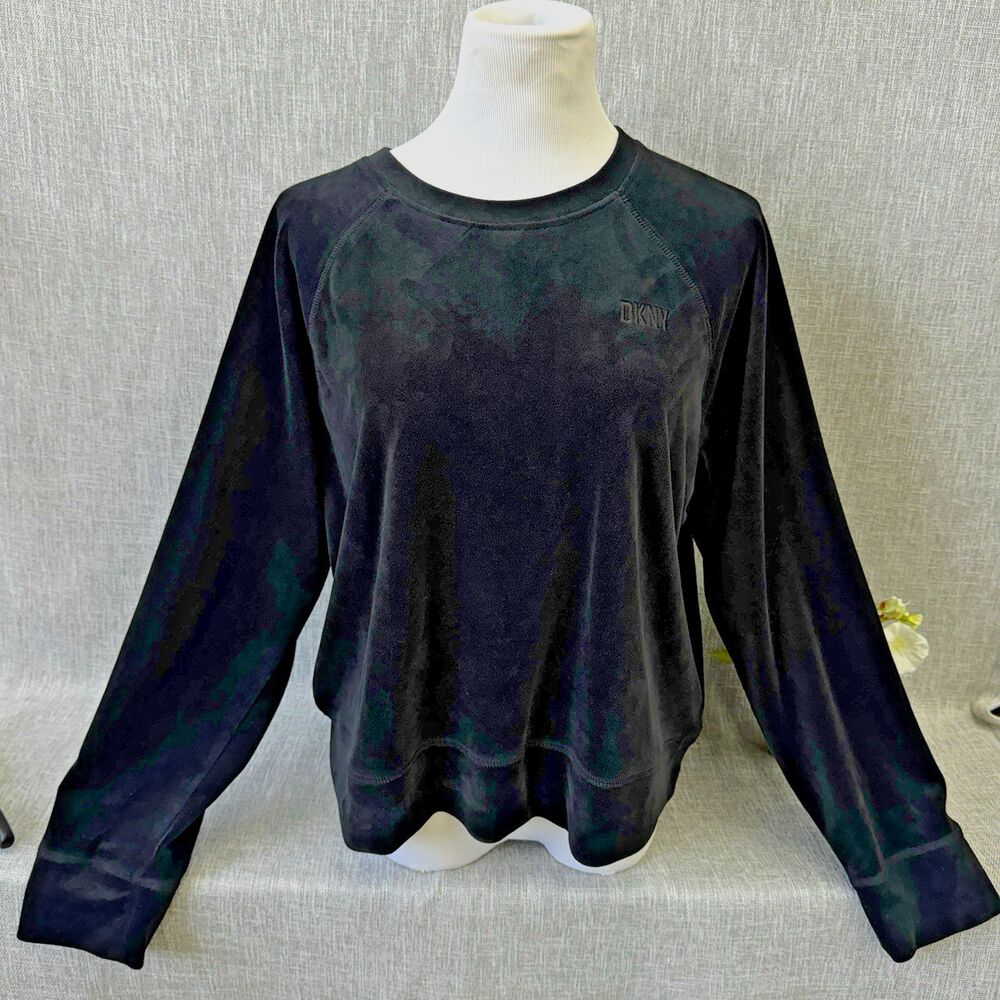 DKNY Sport Black Velvet Velour Pullover Sweatshirt Plush Top Women Size L Goth